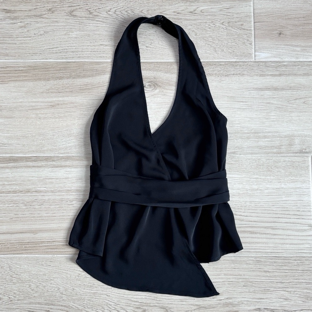 Open Edit Halter Faux Wrap Tank Top Black XS